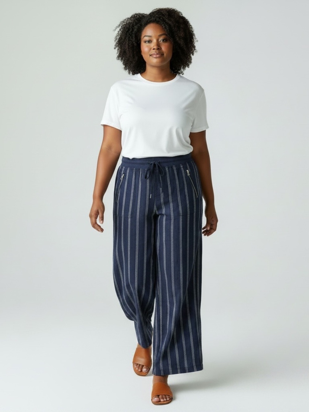 Athleta Cabo Tide Linen Striped Wide Leg Pull-on Pants Blue Size 14